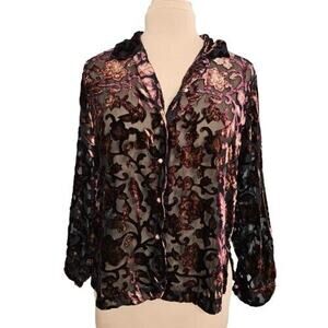 Napa Valley Blouse Womens Petite Small Brown Burnout Floral Long Sleeve Collared